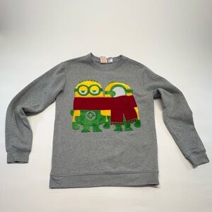 Grey Ladies Crewneck Sweater with Minion Graphic and Red Scarf Size S/M